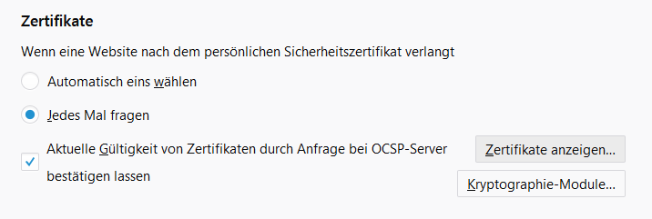 Screenshot of browser setting on accepting personally signed certs
