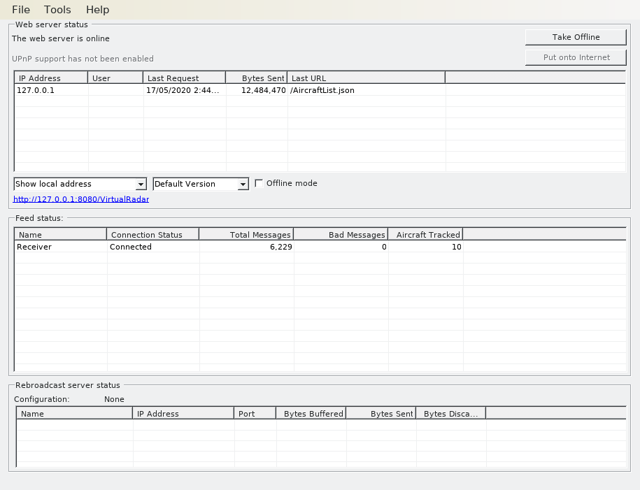 Virtual Radar screenshot showing receiver connected