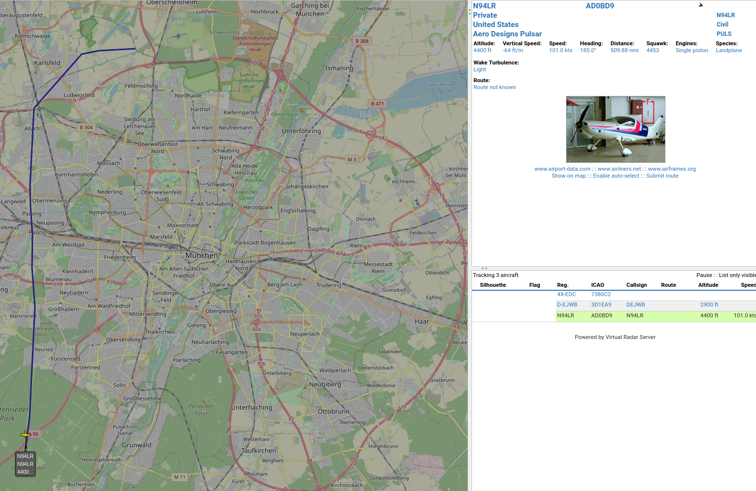 Virtual Radar screenshot showing US origin propeller plane on map