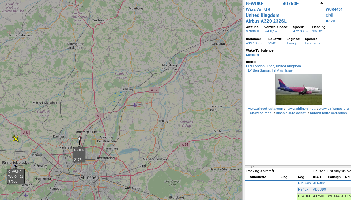Virtual Radar screenshot showing Tel-Aviv origin plane on map