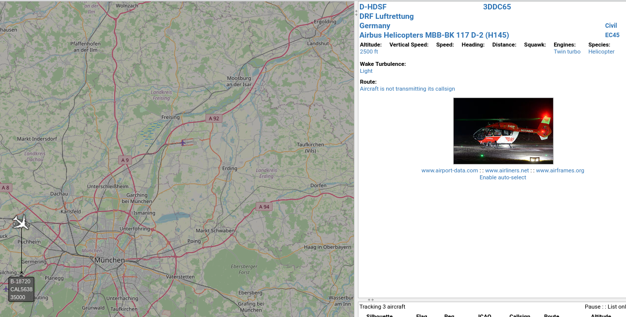 Virtual Radar screenshot showing DRF Luftrettung helicopter on map