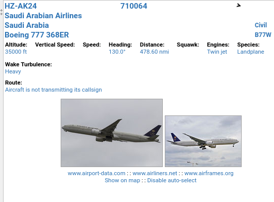 Virtual Radar screenshot showing only Saudi Arabian Airlines plane