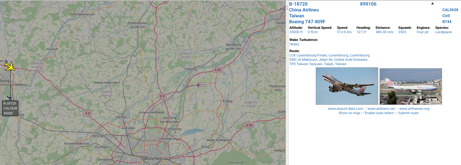 Virtual Radar screenshot showing China Airlines plane on map